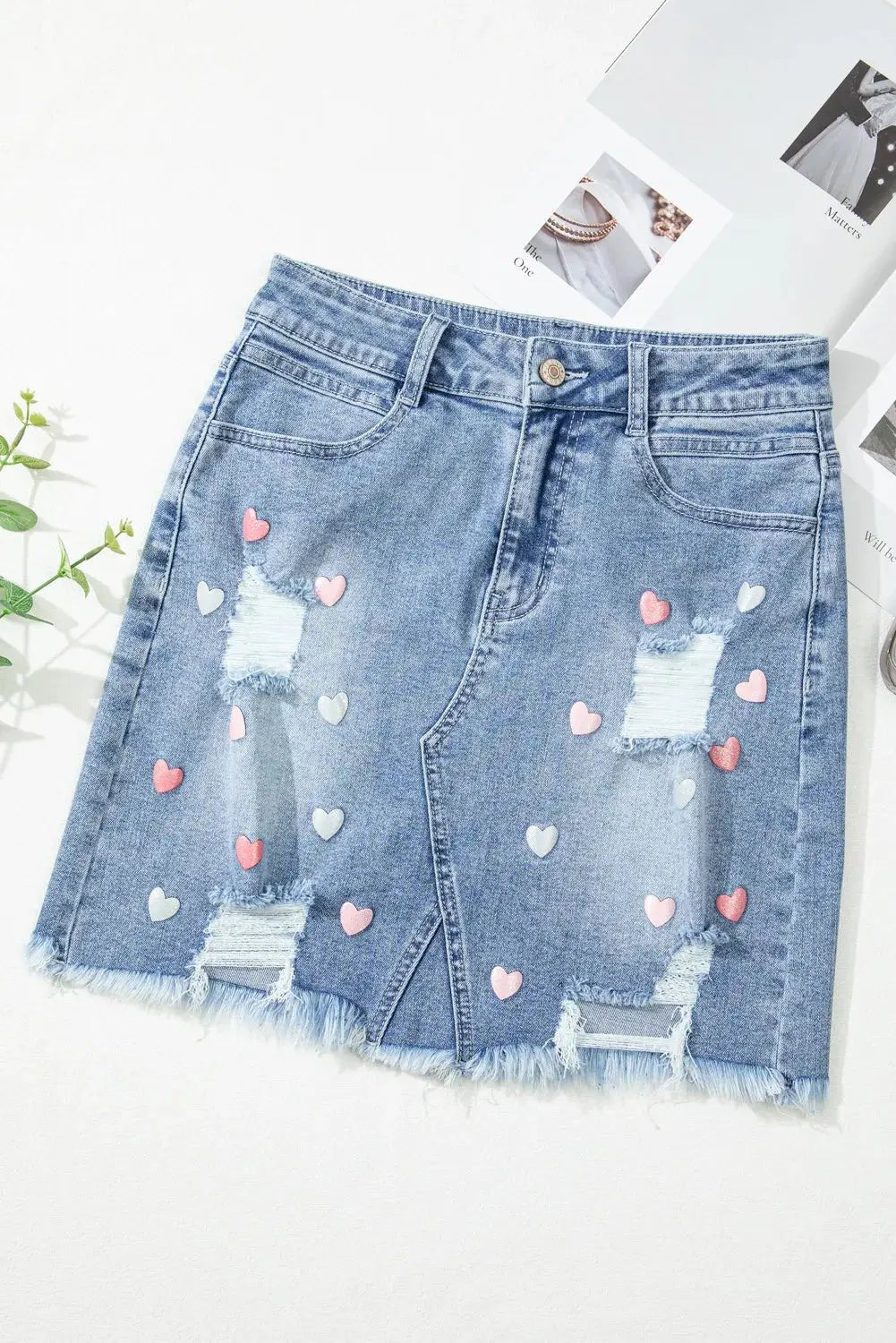 Distressed Raw Hem Heart Mini Denim Skirt 2668south