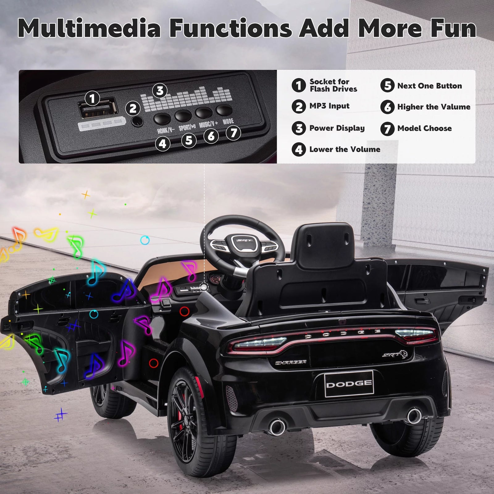 Dodge Electric Ride on Cars for Kids, 12 V Licensed Dodge Charger SRT Powered Ride on Toys Cars with Parent Remote Control, Electric Car for Girls 3-5 W/Music Player/Led Headlights/Safety Belt, Black 2668south