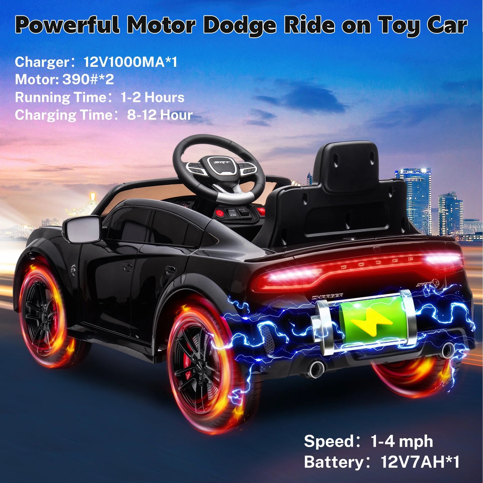 Dodge Electric Ride on Cars for Kids, 12 V Licensed Dodge Charger SRT Powered Ride on Toys Cars with Parent Remote Control, Electric Car for Girls 3-5 W/Music Player/Led Headlights/Safety Belt, Black 2668south