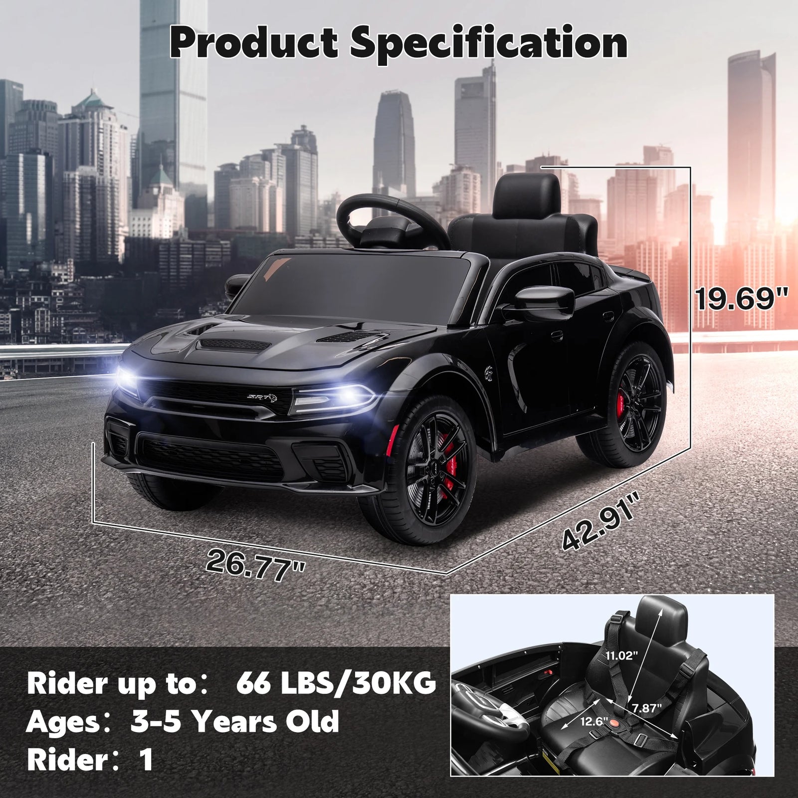 Dodge Electric Ride on Cars for Kids, 12 V Licensed Dodge Charger SRT Powered Ride on Toys Cars with Parent Remote Control, Electric Car for Girls 3-5 W/Music Player/Led Headlights/Safety Belt, Black 2668south