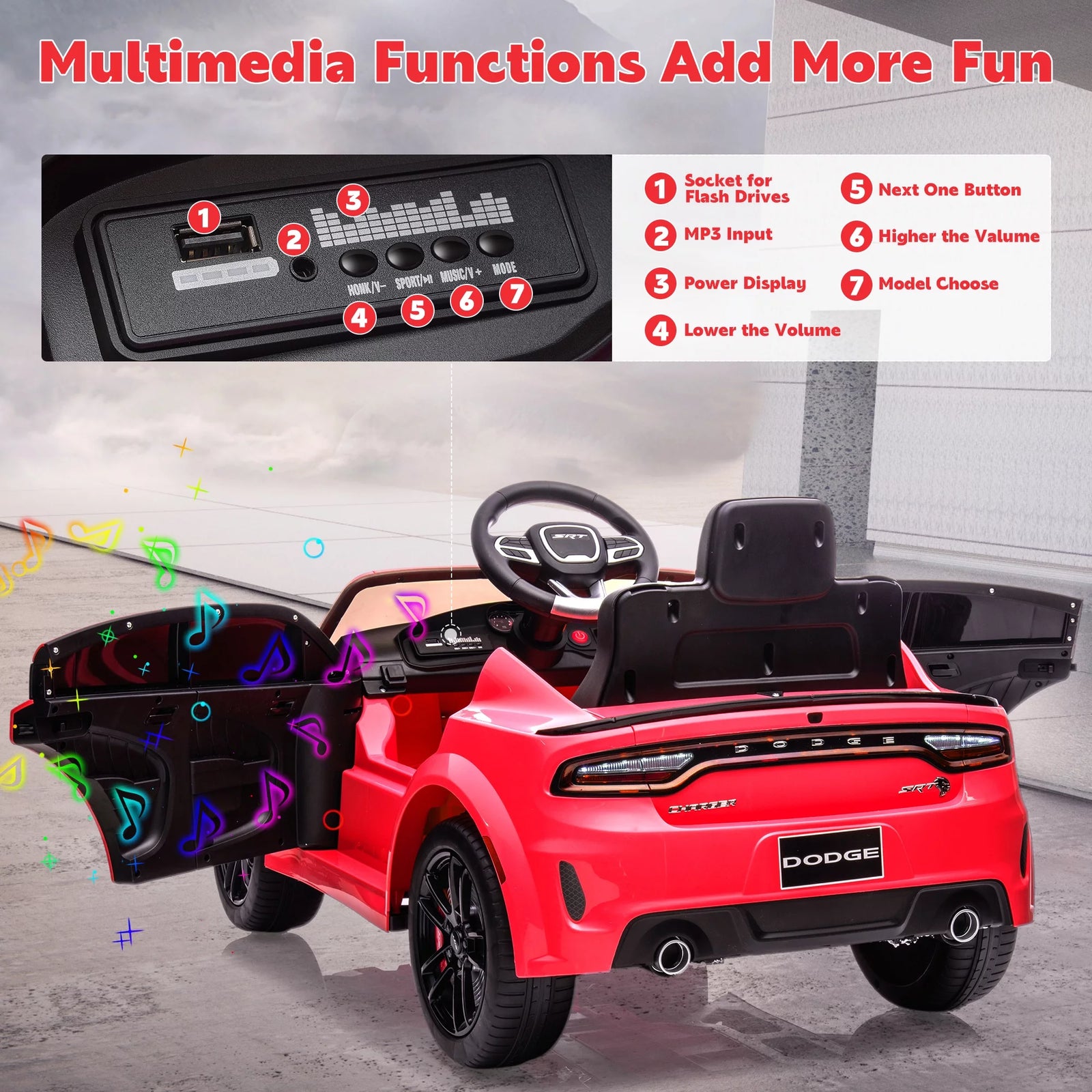 Dodge Electric Ride on Cars for Kids, 12V Licensed Dodge Charger SRT Powered Ride on Toys Cars with Parent Remote Control, Electric Car for Girls 3-5 W/Music Player/Led Headlights/Safety Belt, Red 2668south