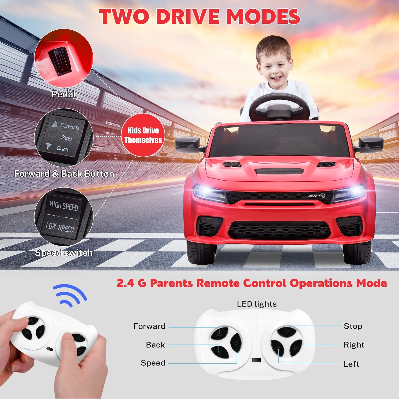 Dodge Electric Ride on Cars for Kids, 12V Licensed Dodge Charger SRT Powered Ride on Toys Cars with Parent Remote Control, Electric Car for Girls 3-5 W/Music Player/Led Headlights/Safety Belt, Red 2668south