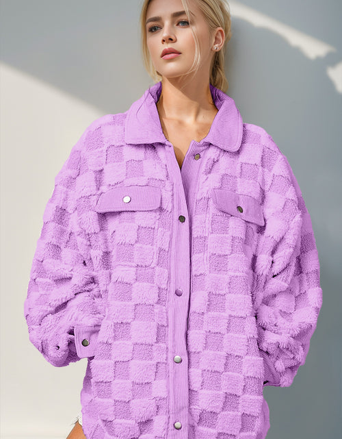 Load image into Gallery viewer, Double Take Button Up Fuzzy Checkered Shacket 2668south
