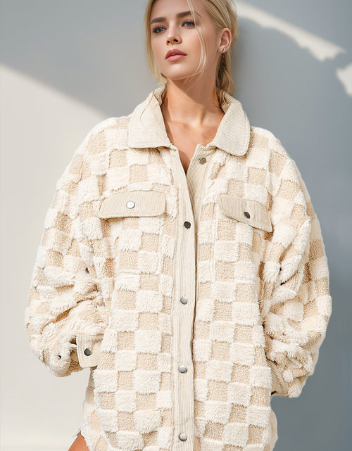 Load image into Gallery viewer, Double Take Button Up Fuzzy Checkered Shacket 2668south
