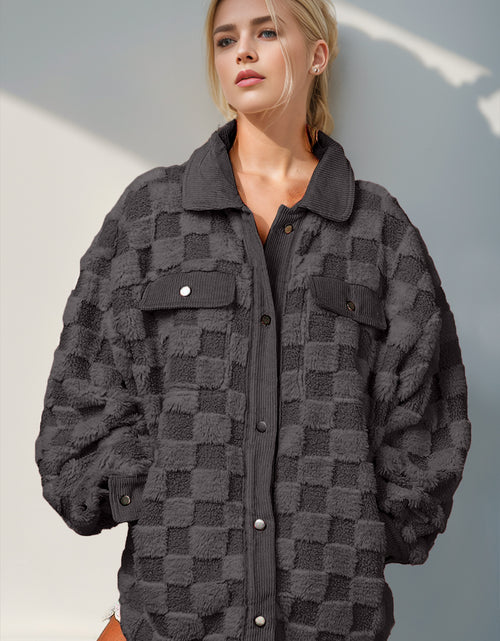 Load image into Gallery viewer, Double Take Button Up Fuzzy Checkered Shacket 2668south
