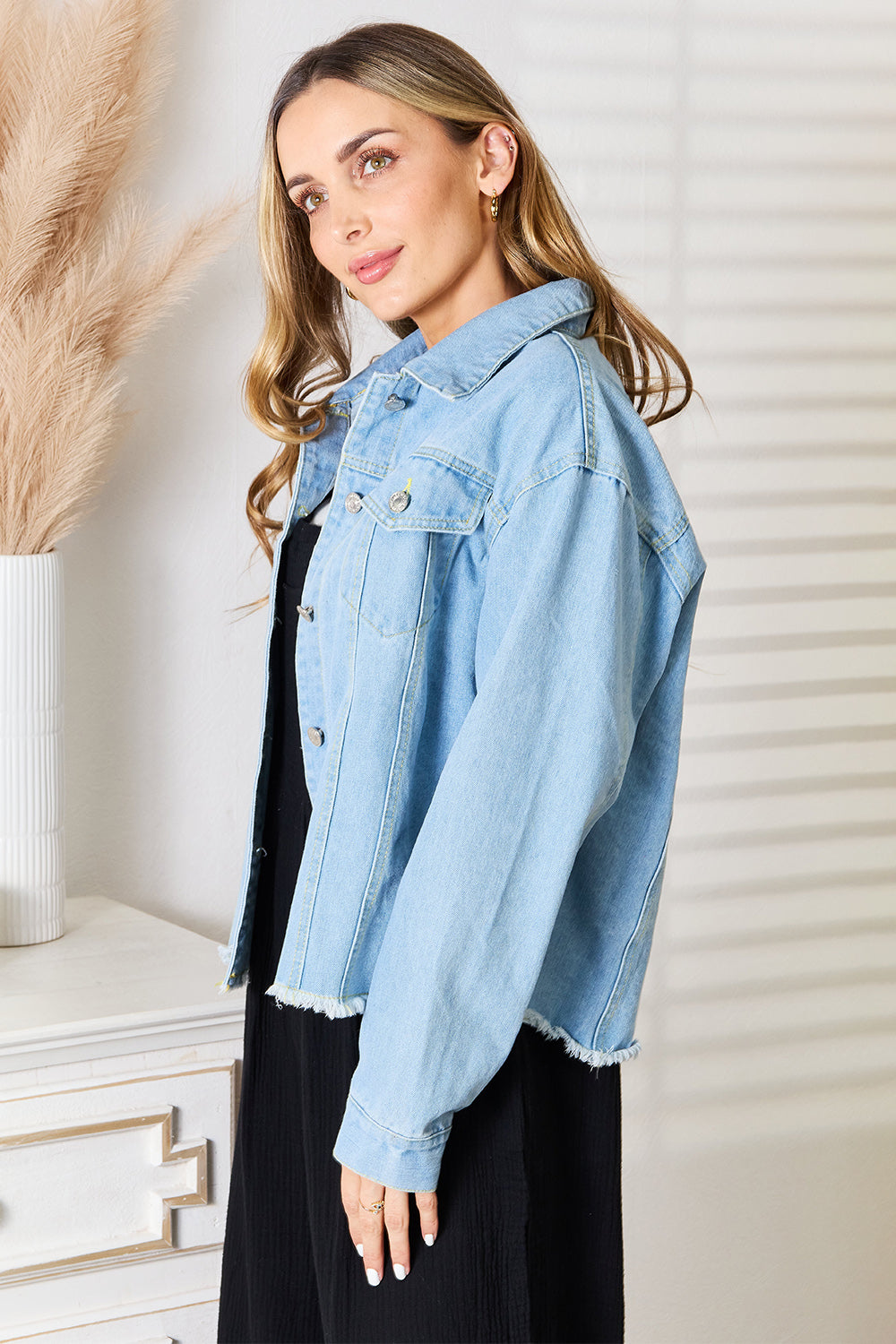 Double Take Dropped Shoulder Raw Hem Denim Jacket 2668south