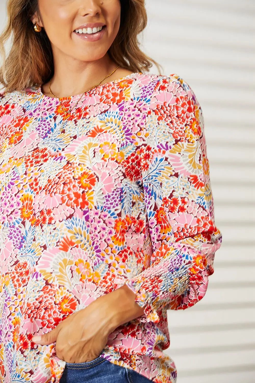 Double Take Floral Print Long Puff Sleeve Blouse 2668south