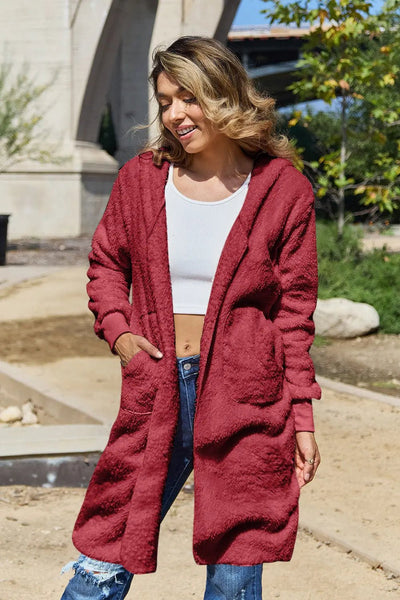 Double Take Full Size Hooded Teddy Bear Jacket with Thumbholes 2668south