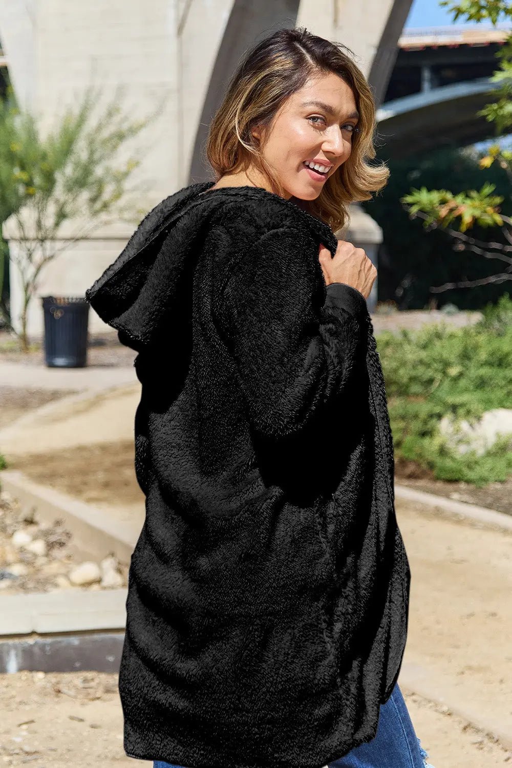 Double Take Full Size Hooded Teddy Bear Jacket with Thumbholes 2668south