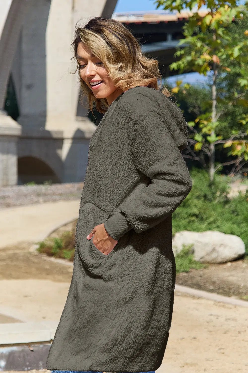 Double Take Full Size Hooded Teddy Bear Jacket with Thumbholes 2668south