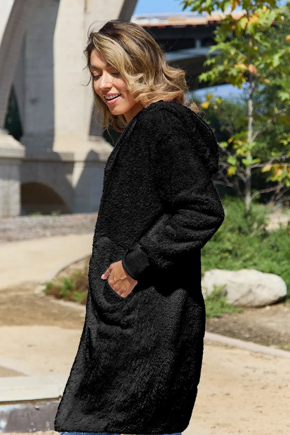 Double Take Full Size Hooded Teddy Bear Jacket with Thumbholes 2668south