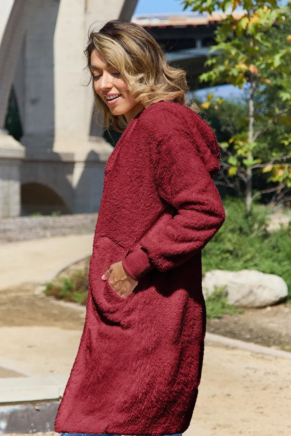 Double Take Full Size Hooded Teddy Bear Jacket with Thumbholes 2668south