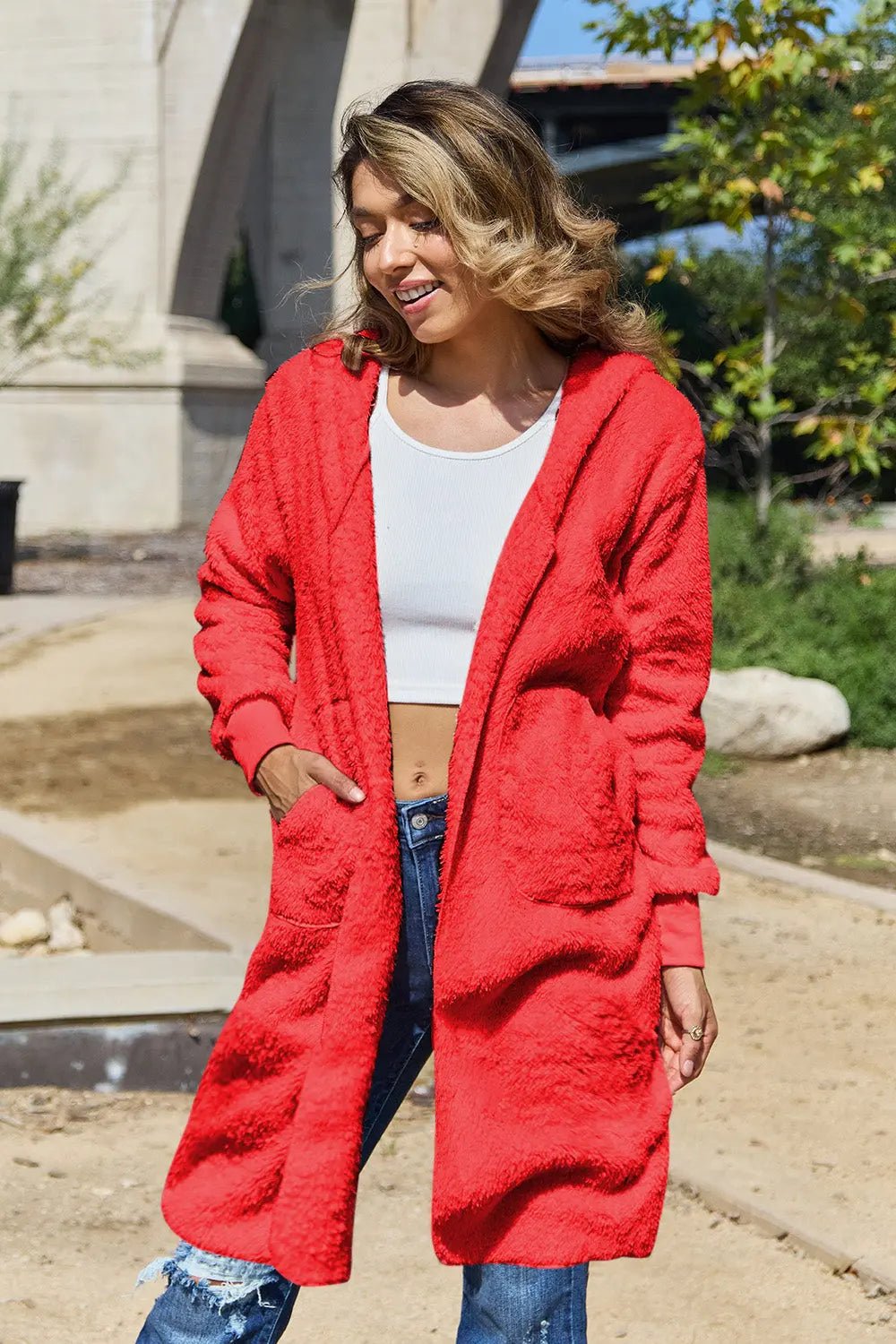 Double Take Full Size Hooded Teddy Bear Jacket with Thumbholes 2668south