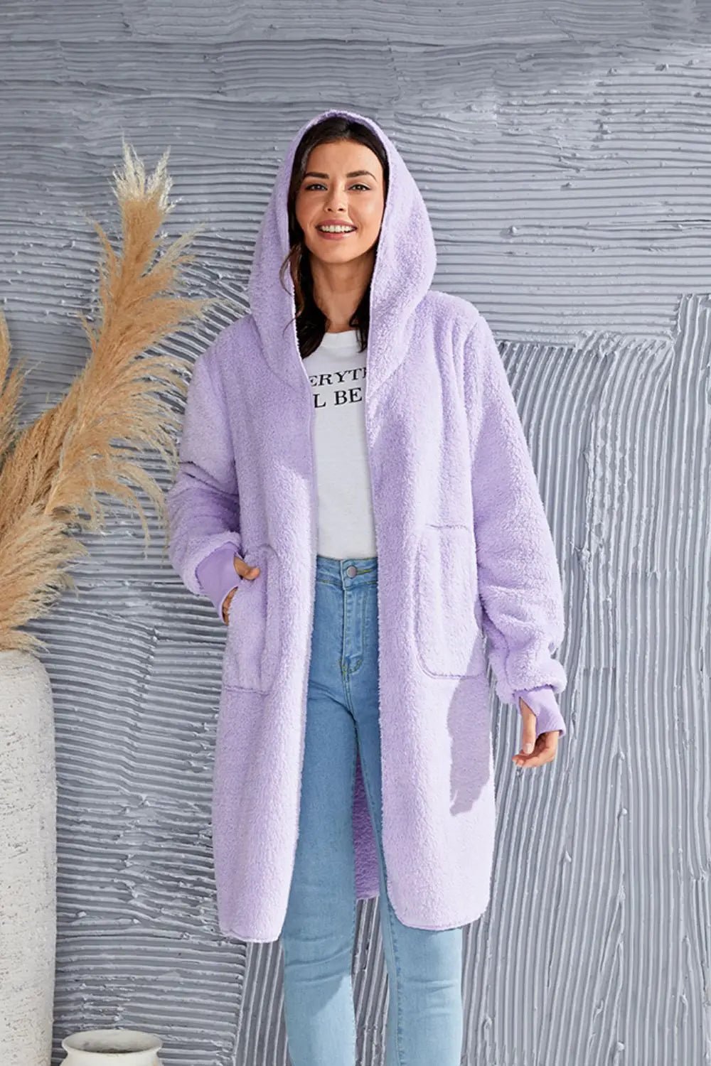 Double Take Full Size Hooded Teddy Bear Jacket with Thumbholes 2668south