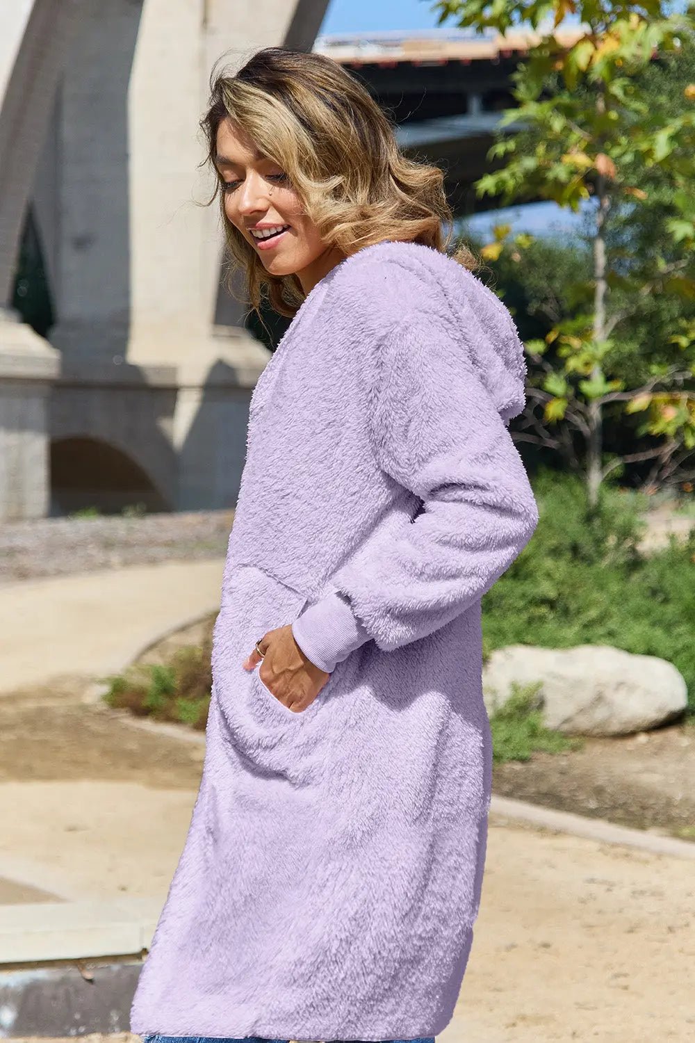 Double Take Full Size Hooded Teddy Bear Jacket with Thumbholes 2668south