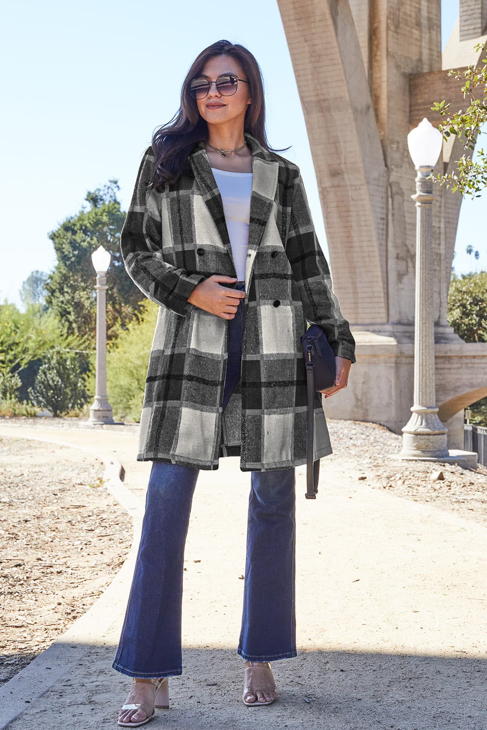 Double Take Full Size Plaid Button Up Lapel Collar Coat 2668south