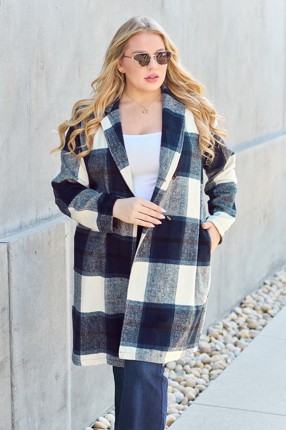 Double Take Full Size Plaid Button Up Lapel Collar Coat 2668south