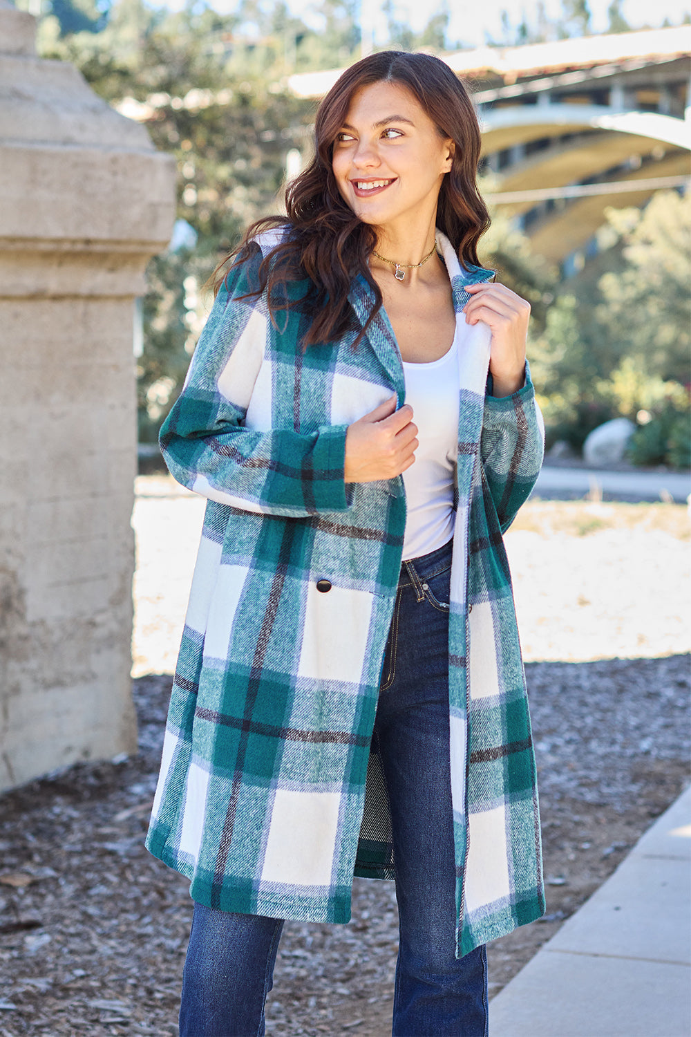 Double Take Full Size Plaid Button Up Lapel Collar Coat 2668south