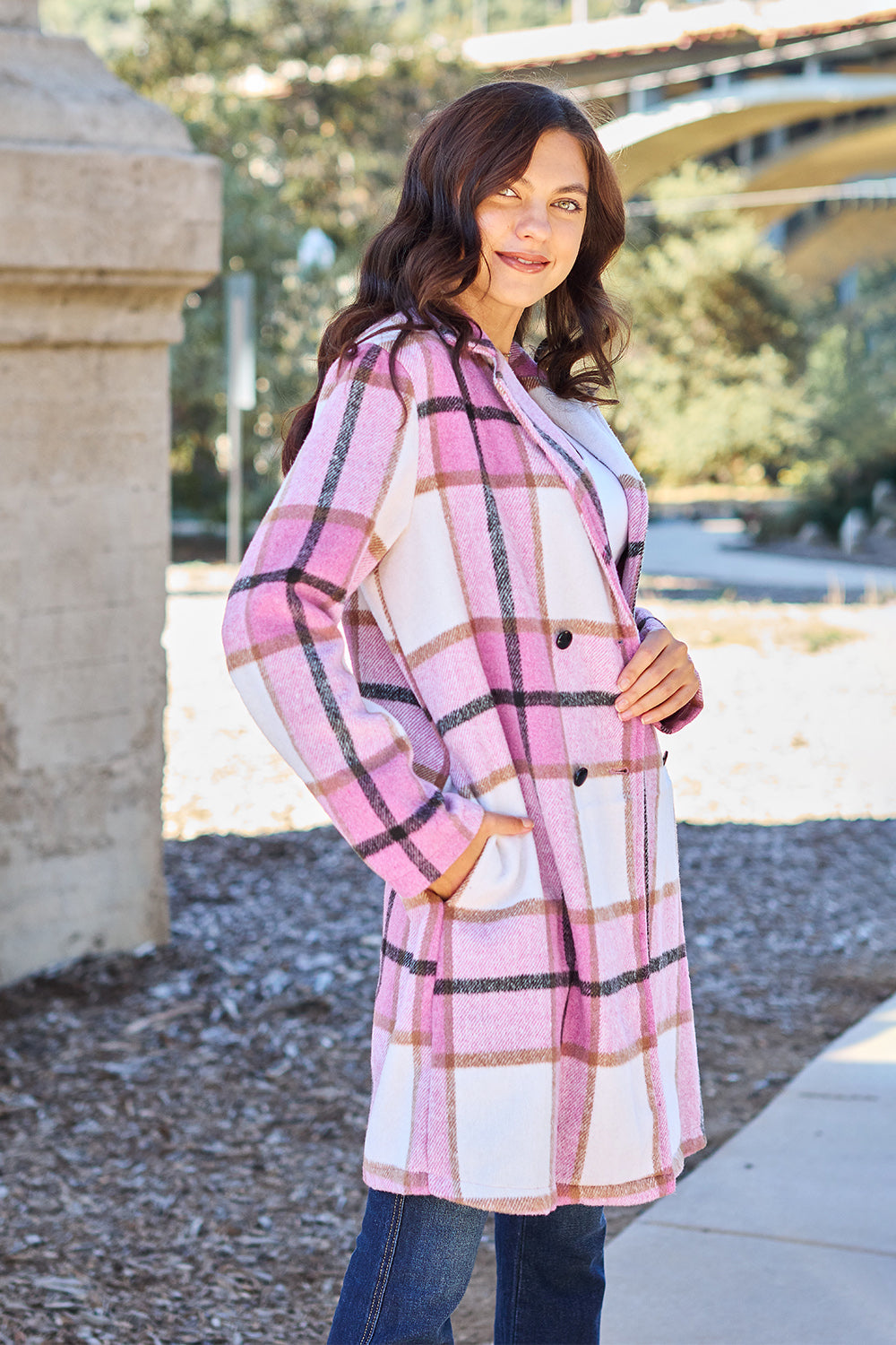 Double Take Full Size Plaid Button Up Lapel Collar Coat 2668south