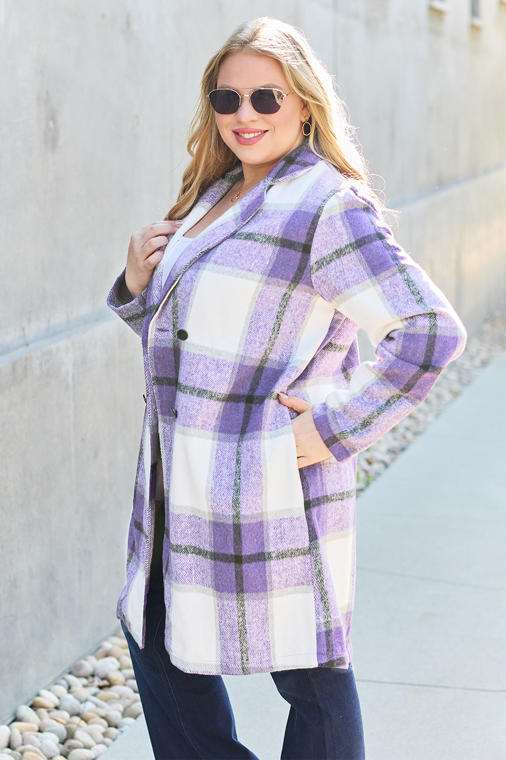 Double Take Full Size Plaid Button Up Lapel Collar Coat 2668south