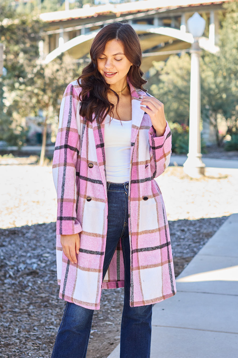 Double Take Full Size Plaid Button Up Lapel Collar Coat 2668south