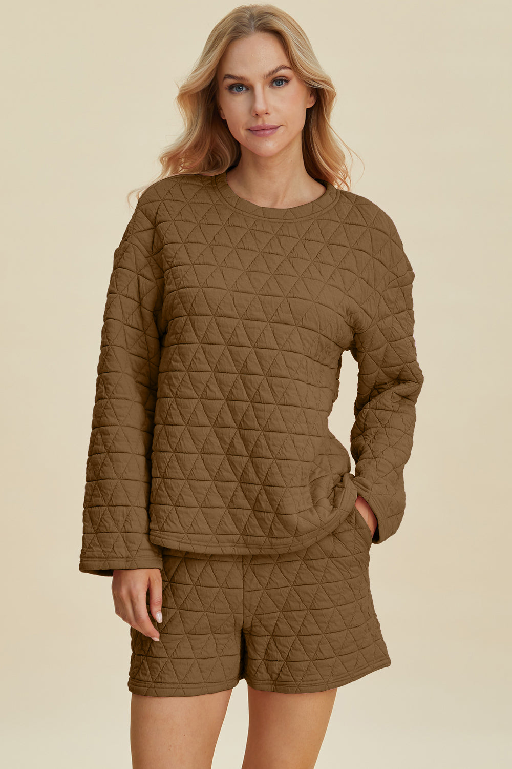 Double Take Full Size Texture Round Neck Long Sleeve Top and Shorts Set 2668south