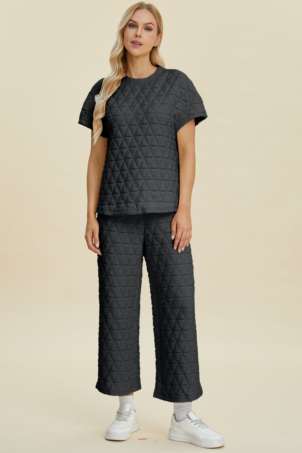 Double Take Full Size Texture Round Neck Short Sleeve Top and Pants Set 2668south