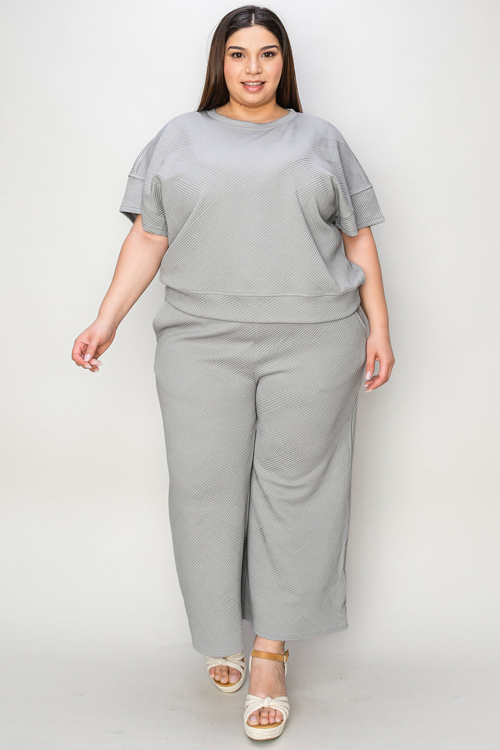 Double Take Full Size Texture Short Sleeve Top and Pants Set 2668south