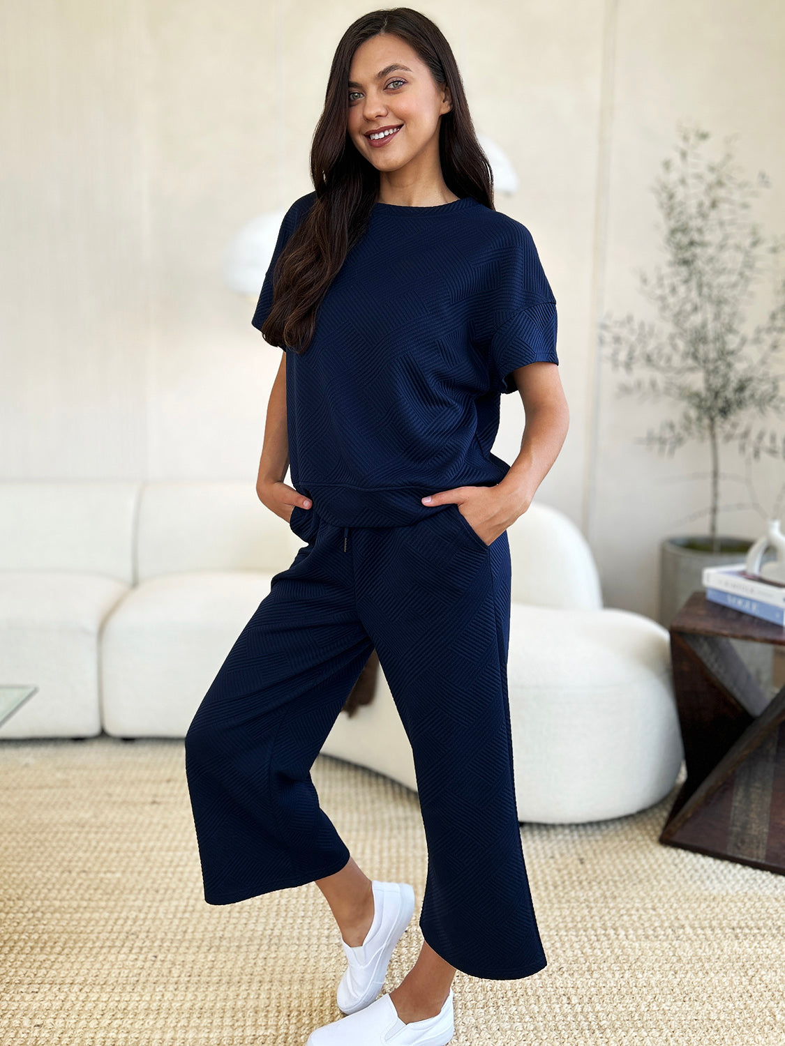 Double Take Full Size Texture Short Sleeve Top and Pants Set 2668south