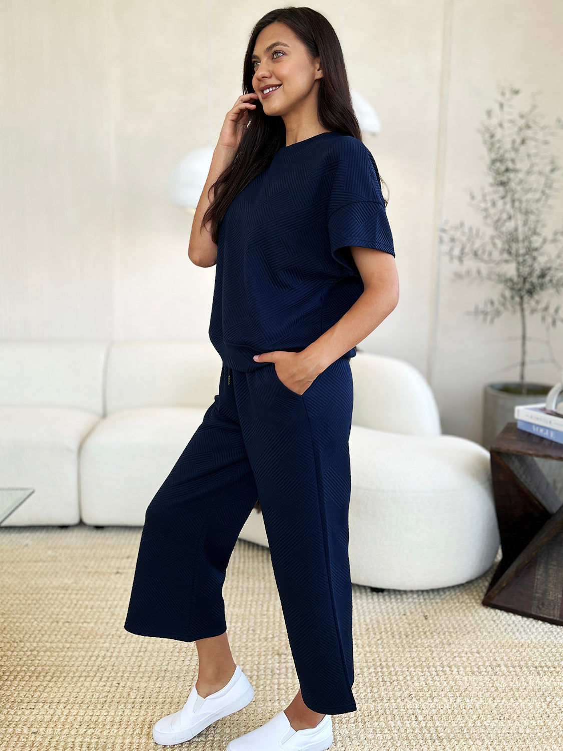 Double Take Full Size Texture Short Sleeve Top and Pants Set 2668south