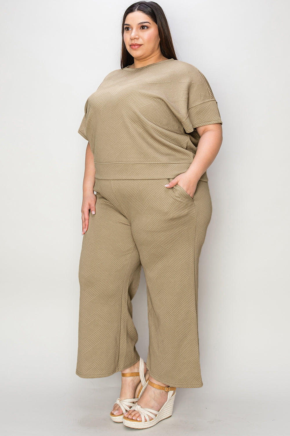 Double Take Full Size Texture Short Sleeve Top and Pants Set 2668south