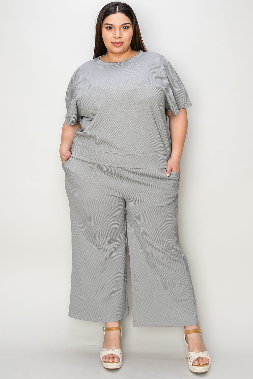 Double Take Full Size Texture Short Sleeve Top and Pants Set 2668south