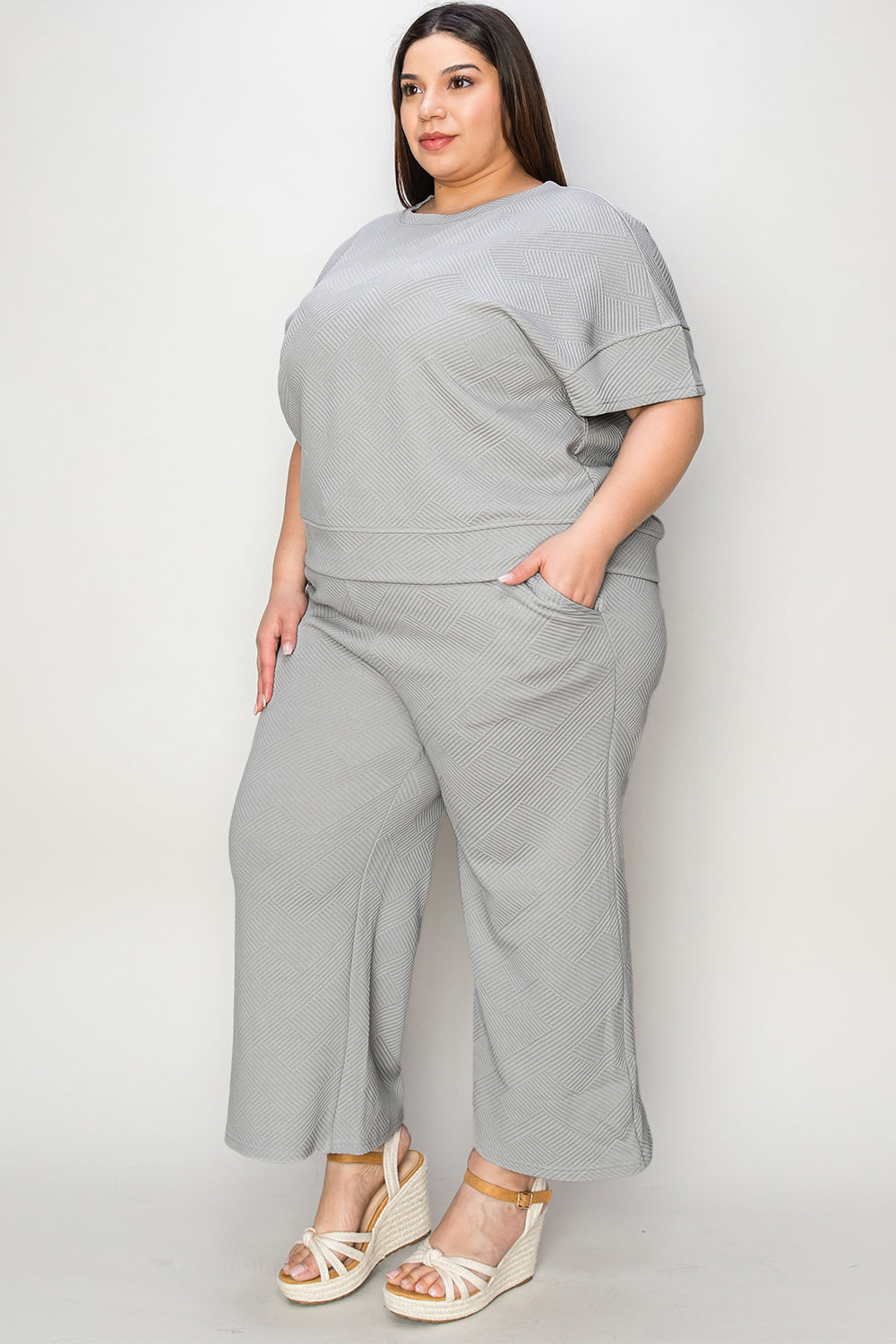 Double Take Full Size Texture Short Sleeve Top and Pants Set 2668south