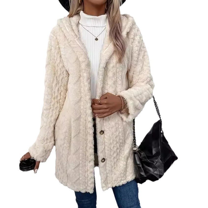 European And American Hooded Solid Color Cardigan Button Long Sleeve Coat 2668south