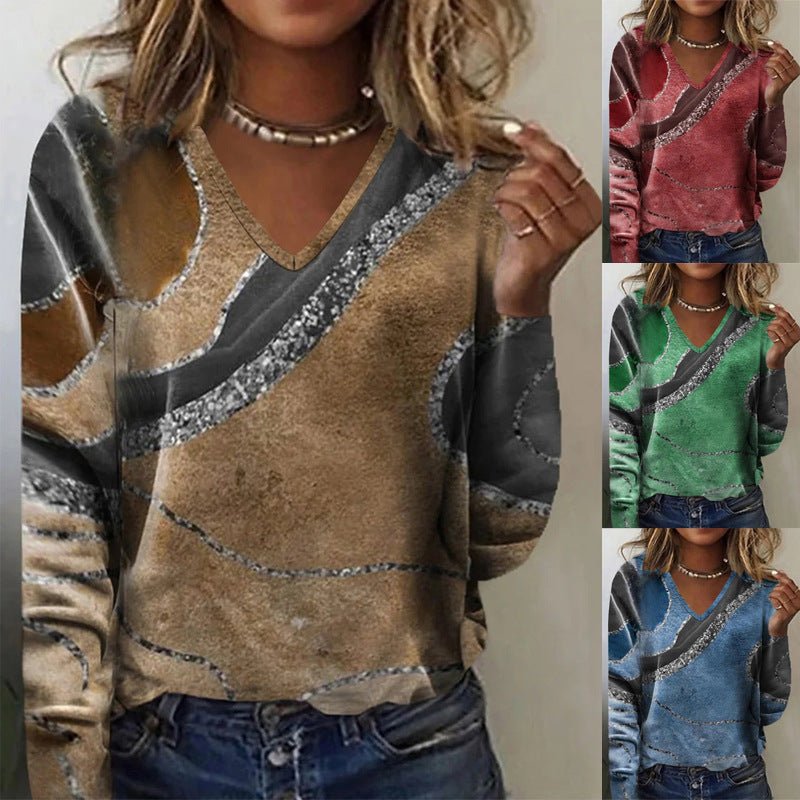 European And American New Fall Winter Fashion V-neck Printed Long-sleeved Top Women 2668south