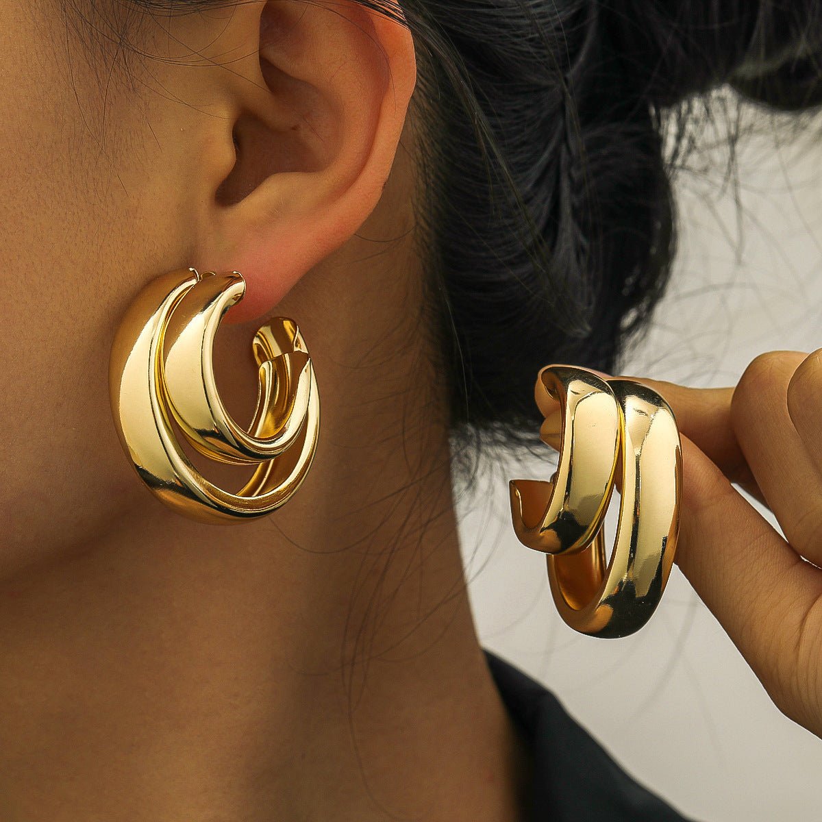 Exaggerated Double Ring Glossy Metal C- Shaped Earrings 2668south