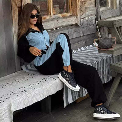 Fashion Casual Sweater Suit Denim Stitching Hooded Top And Trousers 2668south