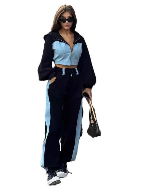 Load image into Gallery viewer, Fashion Casual Sweater Suit Denim Stitching Hooded Top And Trousers 2668south
