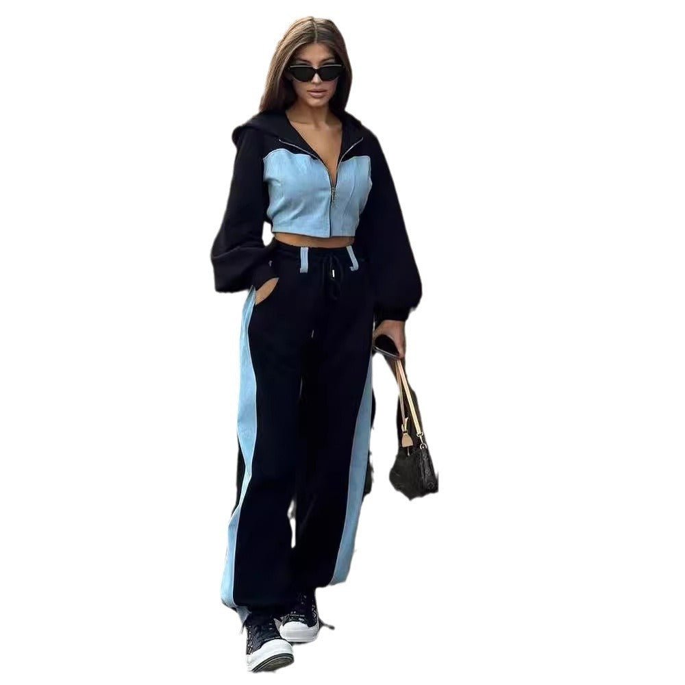 Fashion Casual Sweater Suit Denim Stitching Hooded Top And Trousers 2668south