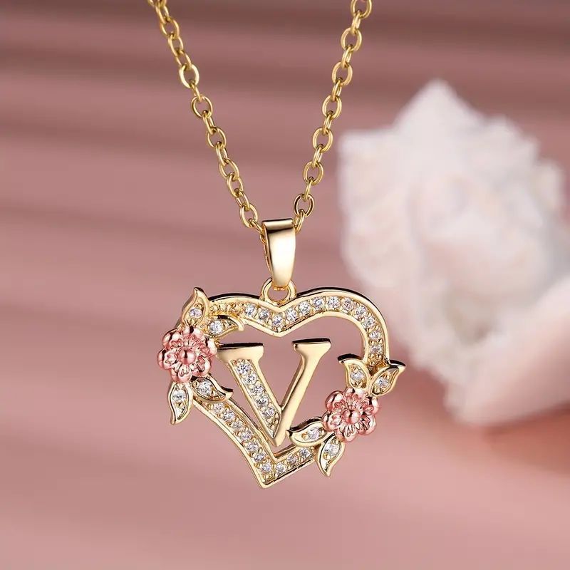 Fashion Hollowed-out Love Heart Flowers Letter Necklace 2668south