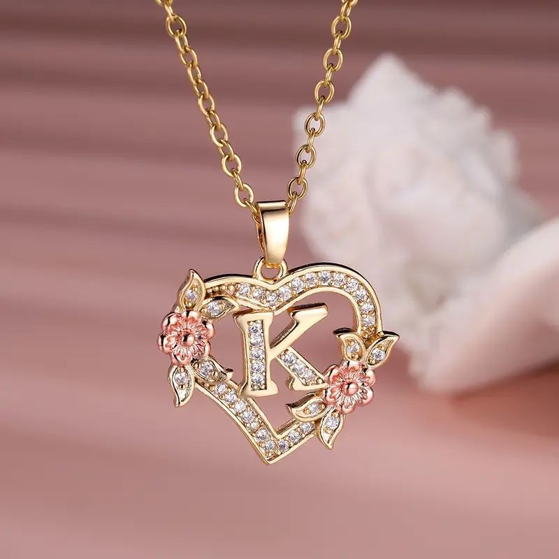 Fashion Hollowed-out Love Heart Flowers Letter Necklace 2668south