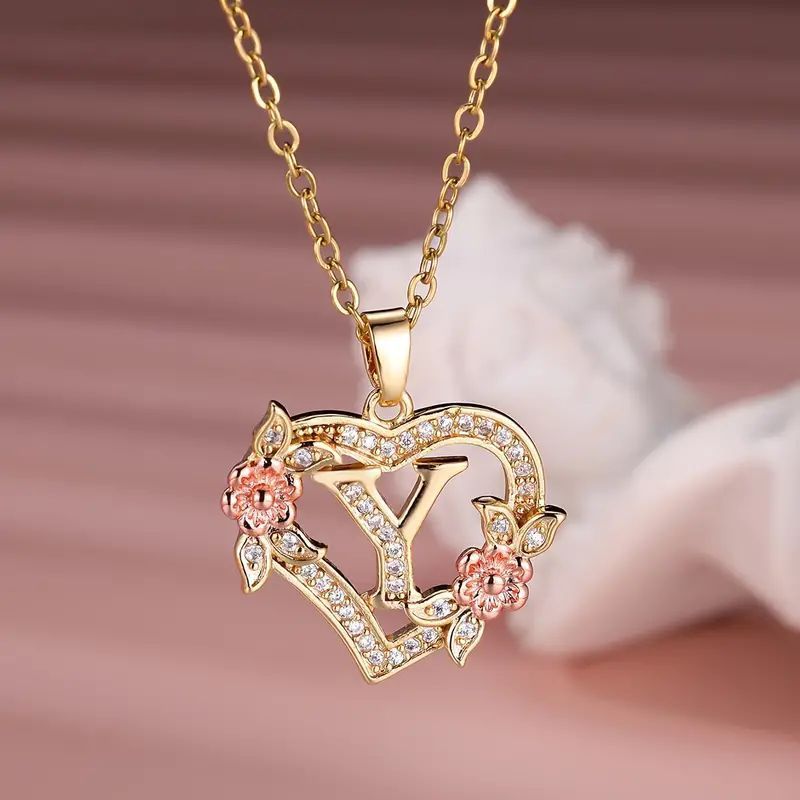 Fashion Hollowed-out Love Heart Flowers Letter Necklace 2668south