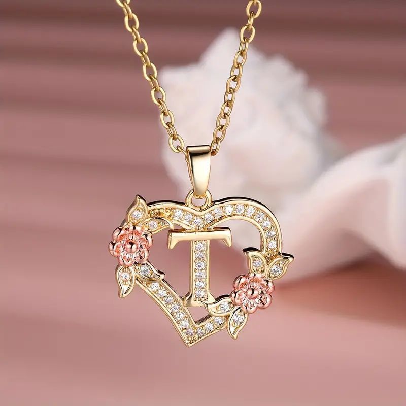 Fashion Hollowed-out Love Heart Flowers Letter Necklace 2668south