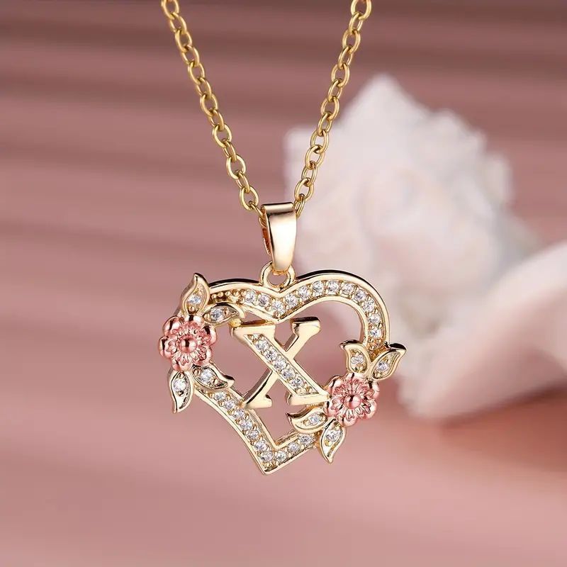 Fashion Hollowed-out Love Heart Flowers Letter Necklace 2668south