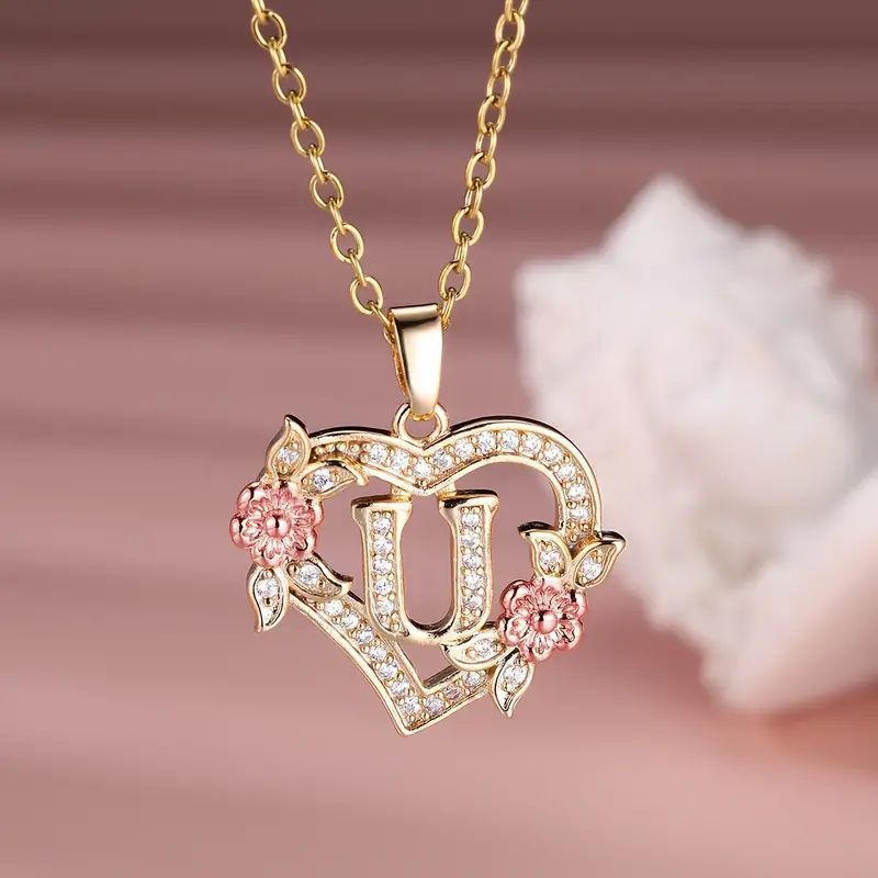 Fashion Hollowed-out Love Heart Flowers Letter Necklace 2668south