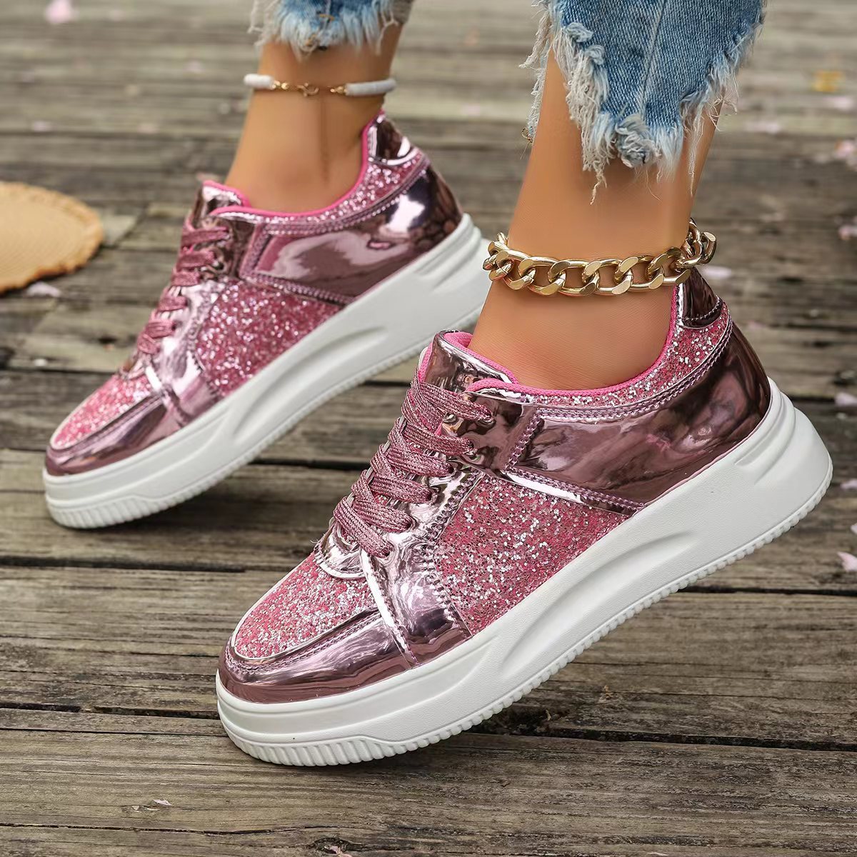 Fashion Lace-up Flat Shoes With Sequin Design Casual Sports Thick Bottom Round Toe Shoes For Women Non-slip Walking Sneakers 2668south