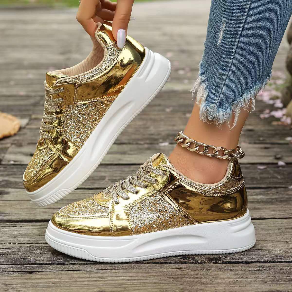 Fashion Lace-up Flat Shoes With Sequin Design Casual Sports Thick Bottom Round Toe Shoes For Women Non-slip Walking Sneakers 2668south