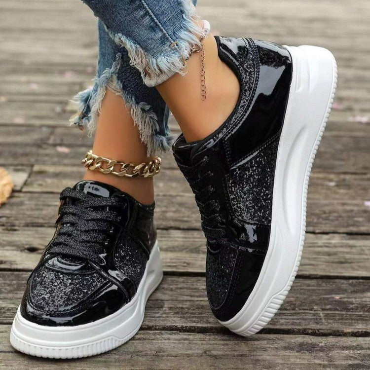 Fashion Lace-up Flat Shoes With Sequin Design Casual Sports Thick Bottom Round Toe Shoes For Women Non-slip Walking Sneakers 2668south