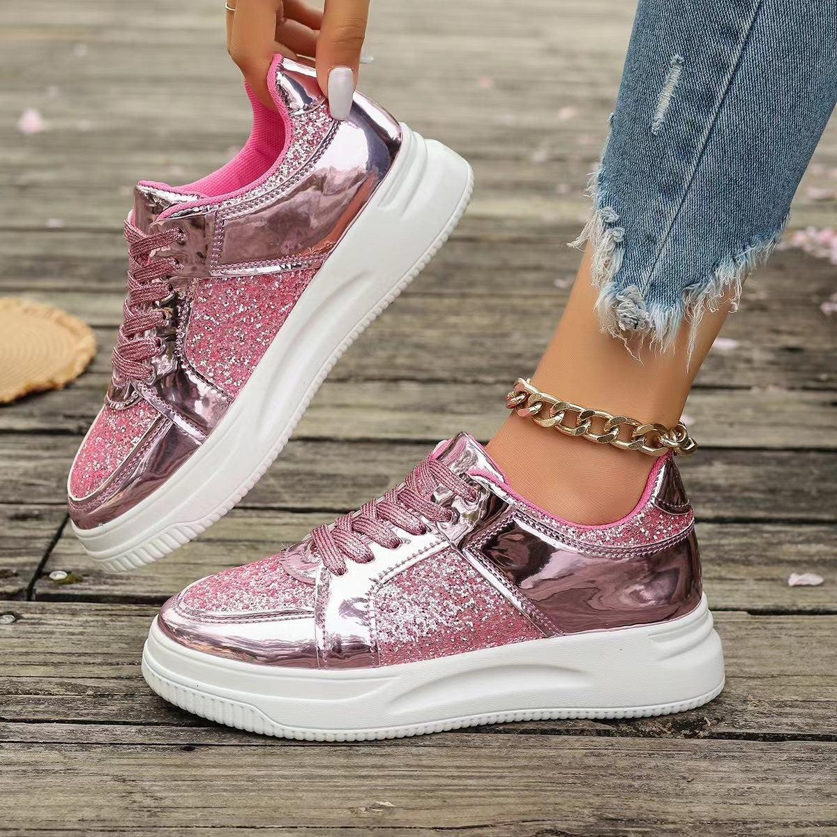 Fashion Lace-up Flat Shoes With Sequin Design Casual Sports Thick Bottom Round Toe Shoes For Women Non-slip Walking Sneakers 2668south