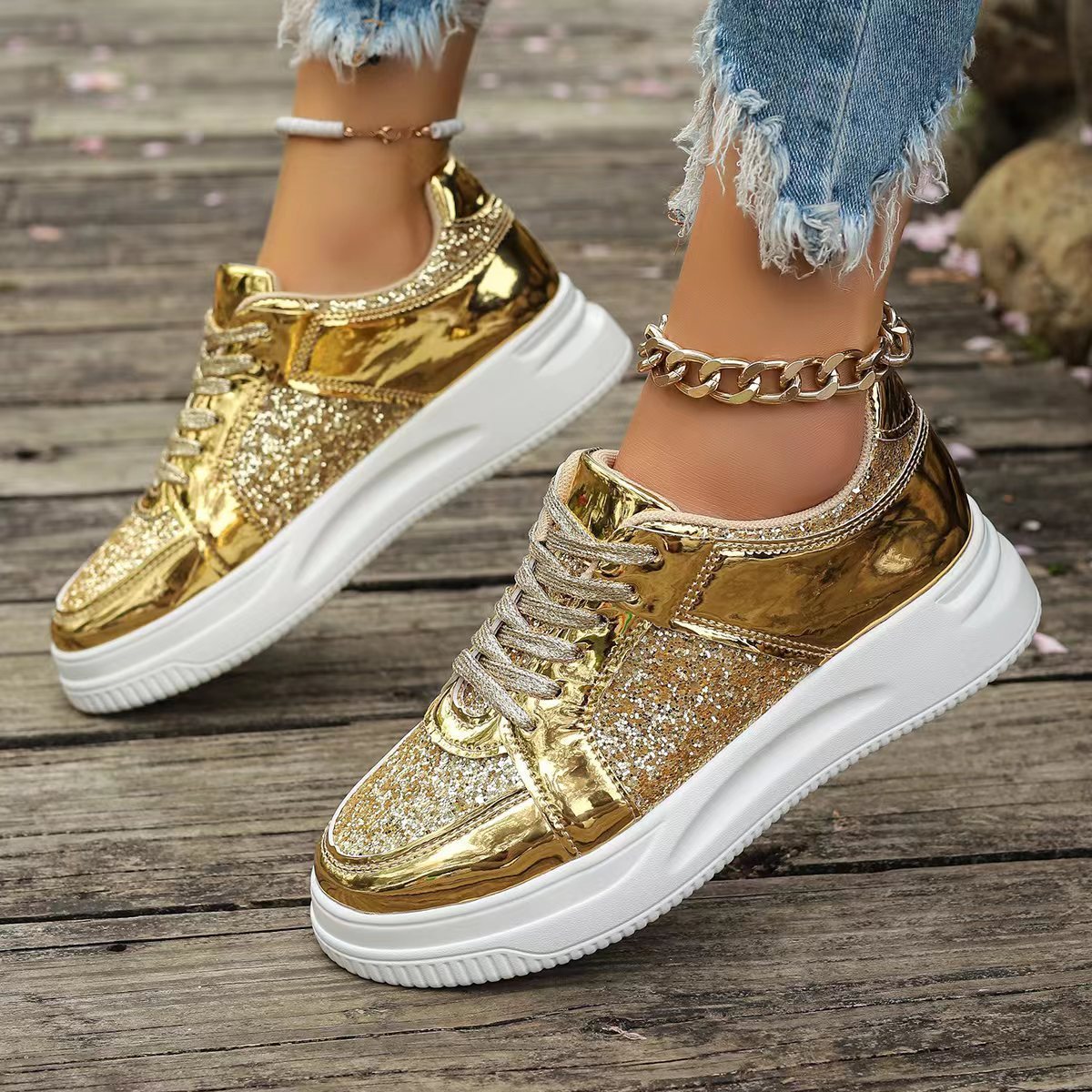 Fashion Lace-up Flat Shoes With Sequin Design Casual Sports Thick Bottom Round Toe Shoes For Women Non-slip Walking Sneakers 2668south